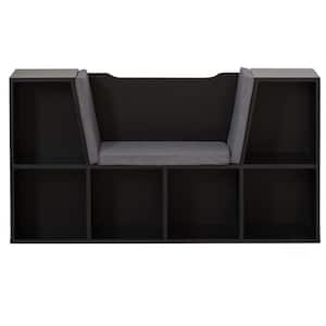 Black Modern Multi-Purpose Bookshelf with Storage Space and Gray Cushioned Reading Nook