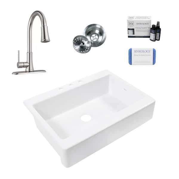SINKOLOGY Josephine 34 in. Quick-Fit Farmhouse Drop-in Single Bowl White Traditional Fireclay Kitchen Sink with Pfirst Faucet Kit