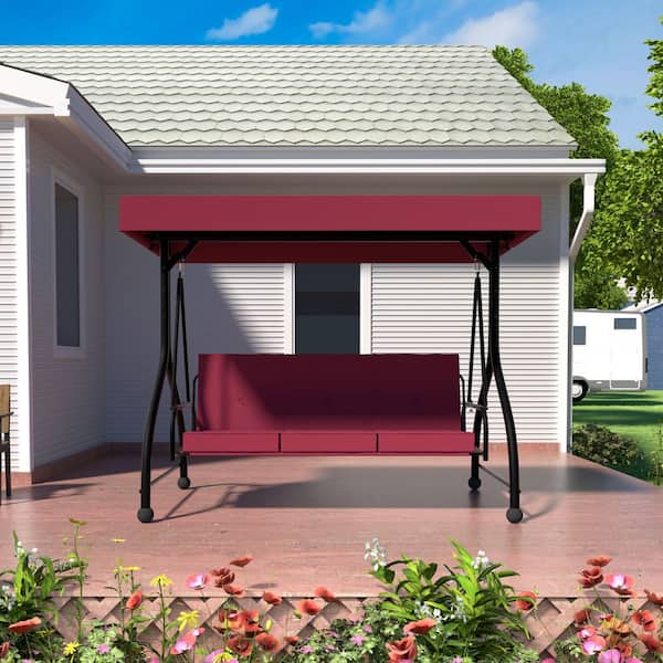 3-Person Metal Patio Swing with Converting and Adjustable Canopy and UV Resistant Cushions in Red