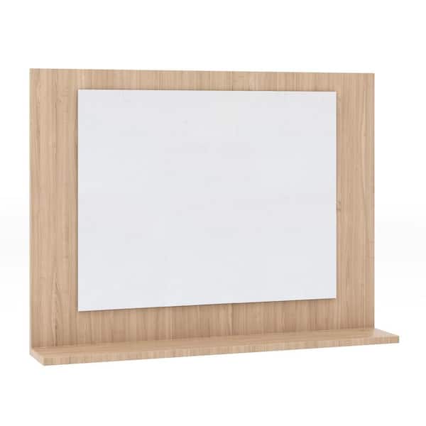 24 in. W x 18 in. H Rectangular Framed Wall Mounted Rectangle Mirror in Brown with Shelf and Wood Frame