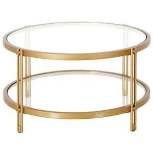 Inez 32 in. Brass Round Coffee Table with Glass Shelf