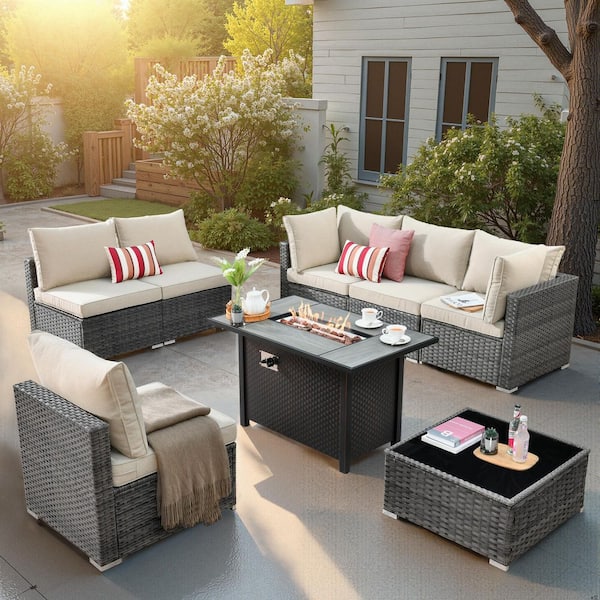 Messi Gray 8-Piece Wicker Outdoor Patio Conversation Sectional Sofa Set with a Metal Fire Pit and Beige Cushions