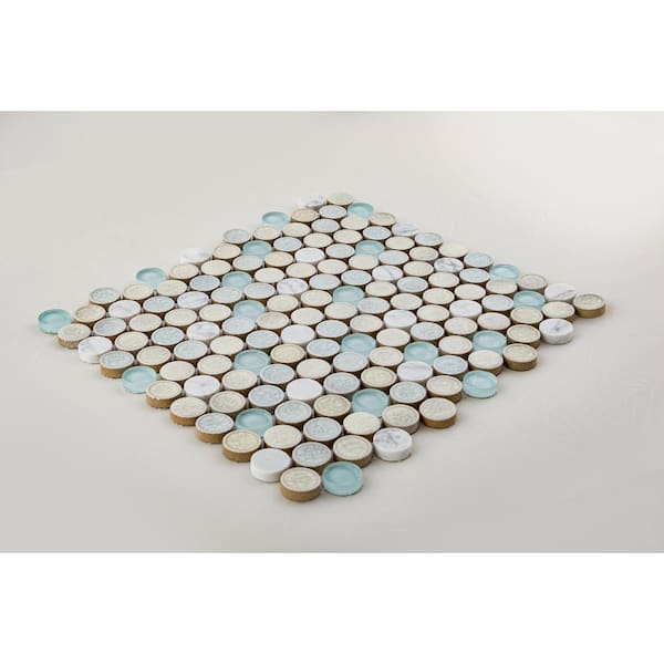 Polka Retro Blue 1-in. Penny Round Glass, Ceramic and Natural Stone Wall and Floor Mosaic Tile (5.2 sq. ft./Case)