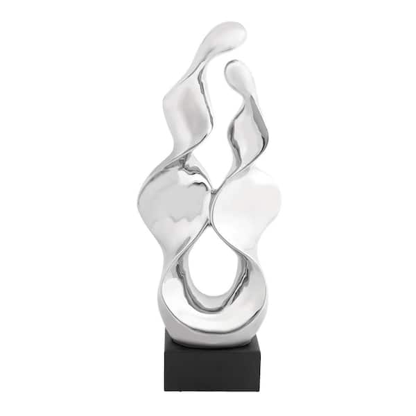 Litton Lane 6 in. x 27 in. Silver Ceramic Abstract Sculpture with Black Base