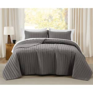 Oversized Cotton Percale Grey Full/Queen 3 Piece Quilt Set