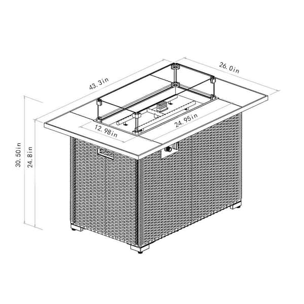 44 in. Propane Gas Fire Pit Table, 50000 BTU Rectangular Fire Pit, Tile Tabletop with Beautiful Wicker Base