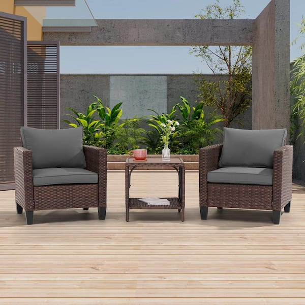 JOYESERY 3-Piece Brown Wicker Patio Bistro Set Outdoor Single Sofa Set with Side Table for Outdoor Lawn, Gray Cushions