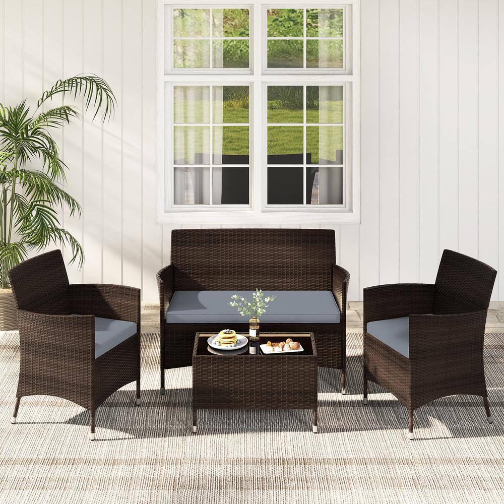 4-Piece Gray Rattan Wicker Patio Sofa Set with Cushions and Coffee Table