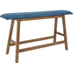 Weathered Oak with Blue Cushion Counter-Height Bench