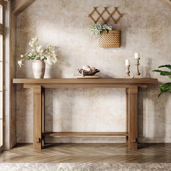 Turrella 63 in. Brown Rectangle Wood Console Table, Farmhouse Entryway Table with Storage