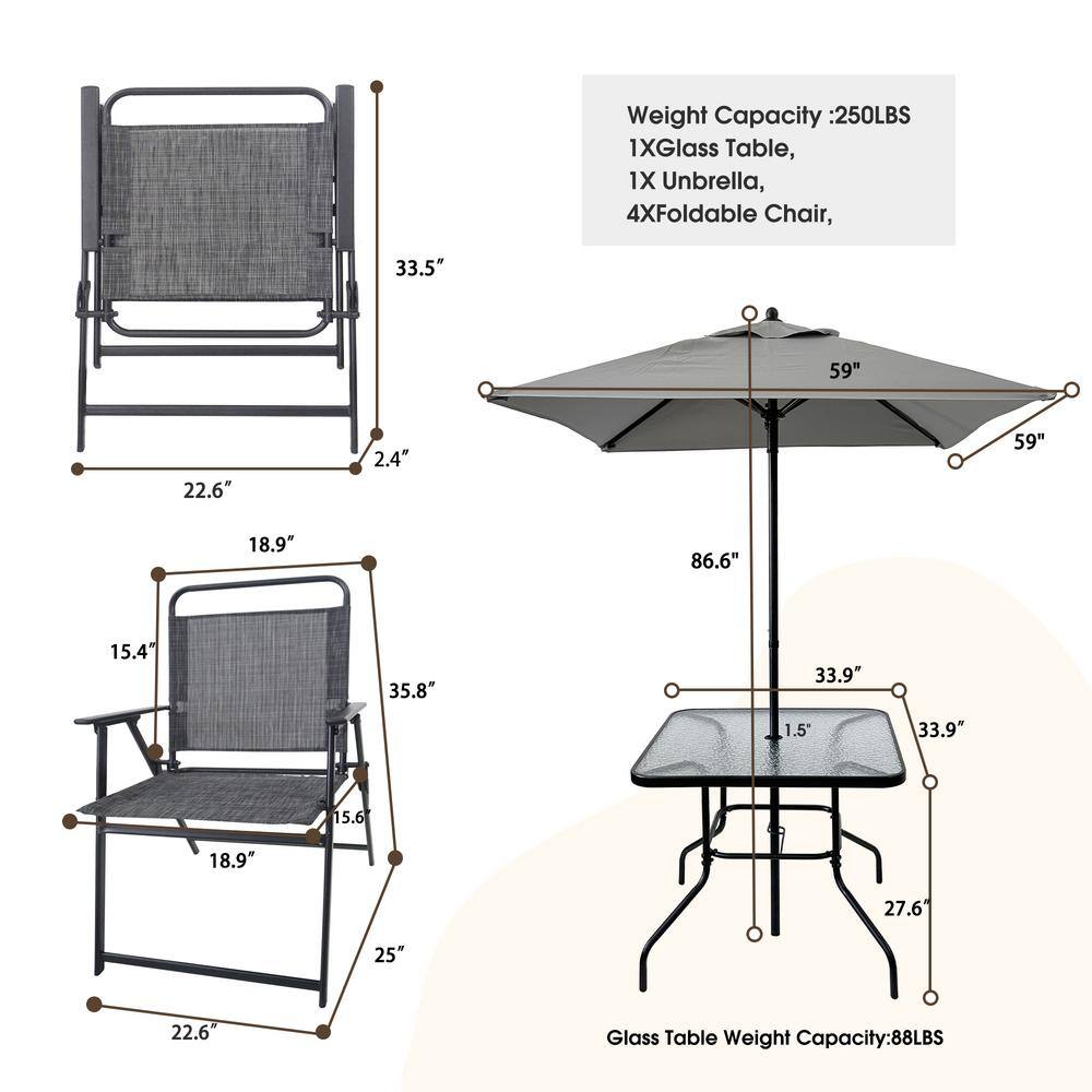 Black 4-Piece Steel and Glass Outdoor Dining Set with Umbrella