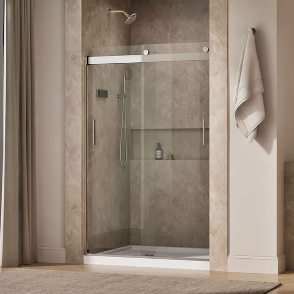 Levity 44-48 in.W x 74 in. H Semi Frameless Sliding Shower Door in Nickel with 1/4 in. Thick Clear Tempered Glass