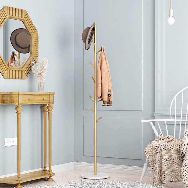 Entryway Gold Metal Coat Rack Stand with Marble Base Freestanding Clothes Tree Organizer with-Hooks for Hats Bags