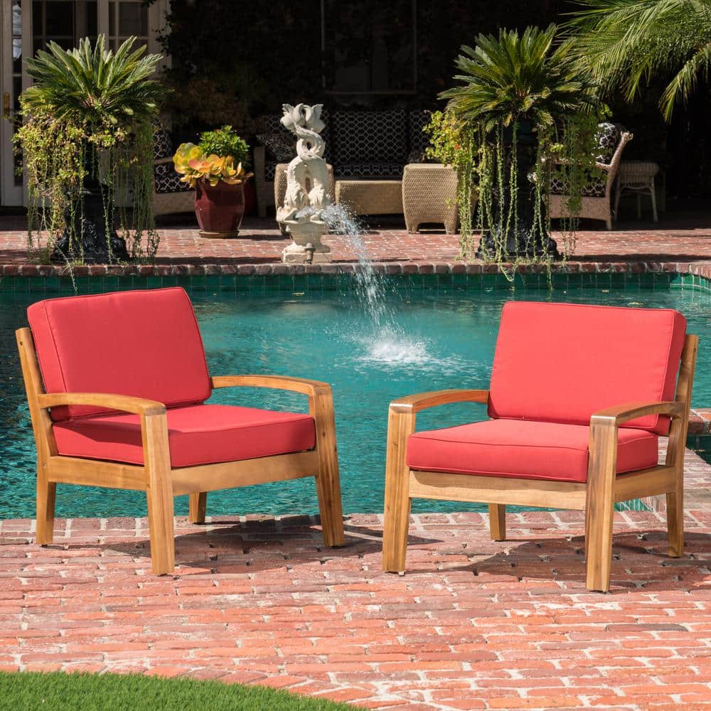 Teak Finish Wood Lounge Chairs with Red Cushions