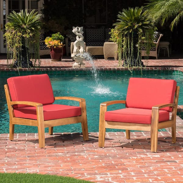 Noble House Teak Finish Wood Outdoor Lounge Chairs with Red Cushion (2-Pack)