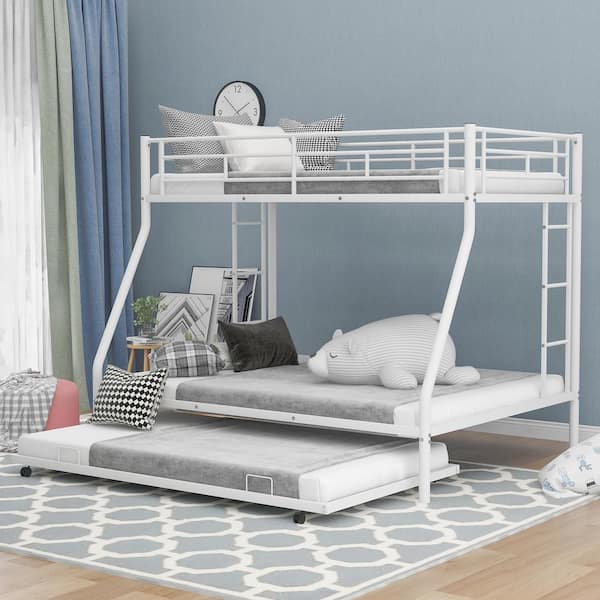 Polibi White Twin Over Full Bed with Sturdy Steel Frame, Bunk Bed with Twin Size Trundle, 2-Side Ladders