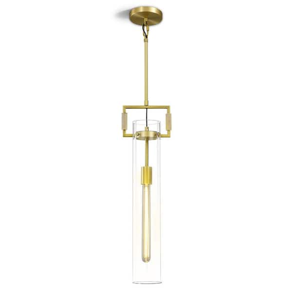94.5 in. H 1-Light Modern Brass Kitchen Island Glass Pendant Light, Farmhouse Cylinder Pendant Light for Dinning Room