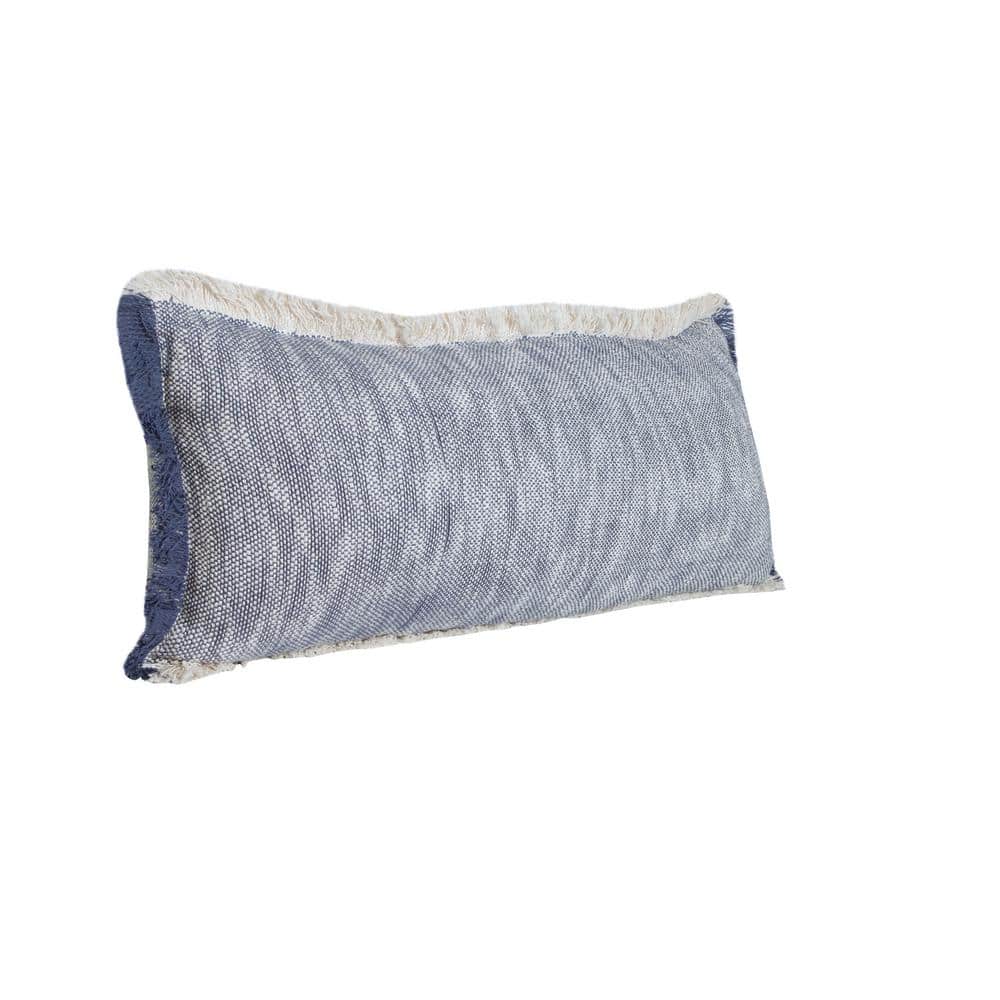 Navy Blue and White Cotton Lumbar Pillow with Fringe