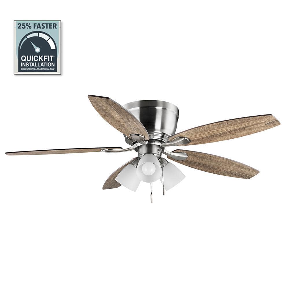 Hampton Bay Sidlow 52 In Indoor Led Brushed Nickel Hugger Dry Rated Ceiling Fan With 5 Quickinstall Reversible Blades And Light Kit 52151 The