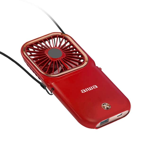 AIWA 4000mAh Portable Red Power Bank Fan with Neck Strap - Ultra Quiet, 3 Speeds, Foldable