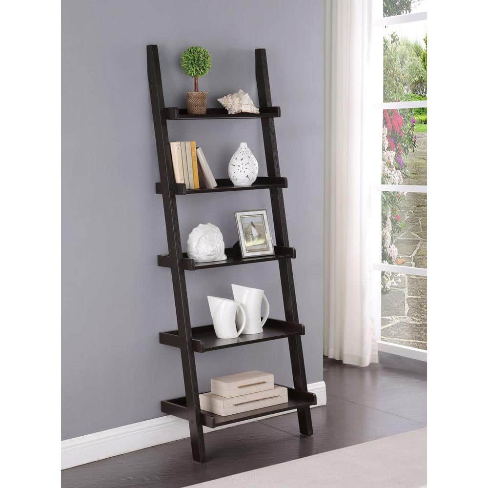 Transitional Espresso Ladder Bookcase with Doors in Brown