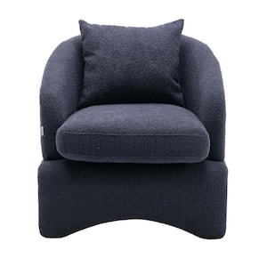 Modern Navy Blue Armchair Upholstered Teddy Fabric Accent with Wood Base and Pillow