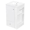 White vanity with sink and storage compartments.