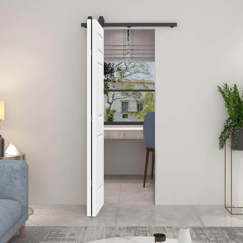 Primed White MDF Composite Bifold Barn Door with Black Hardware, 36" x 80"