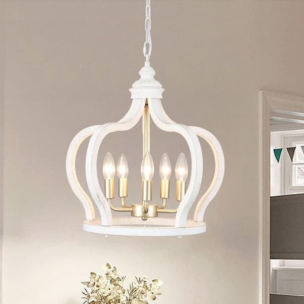 ADSENSTY 5-Light Vintage White Cottage Chic Crown Chandelier Farmhouse Wooden Pendant