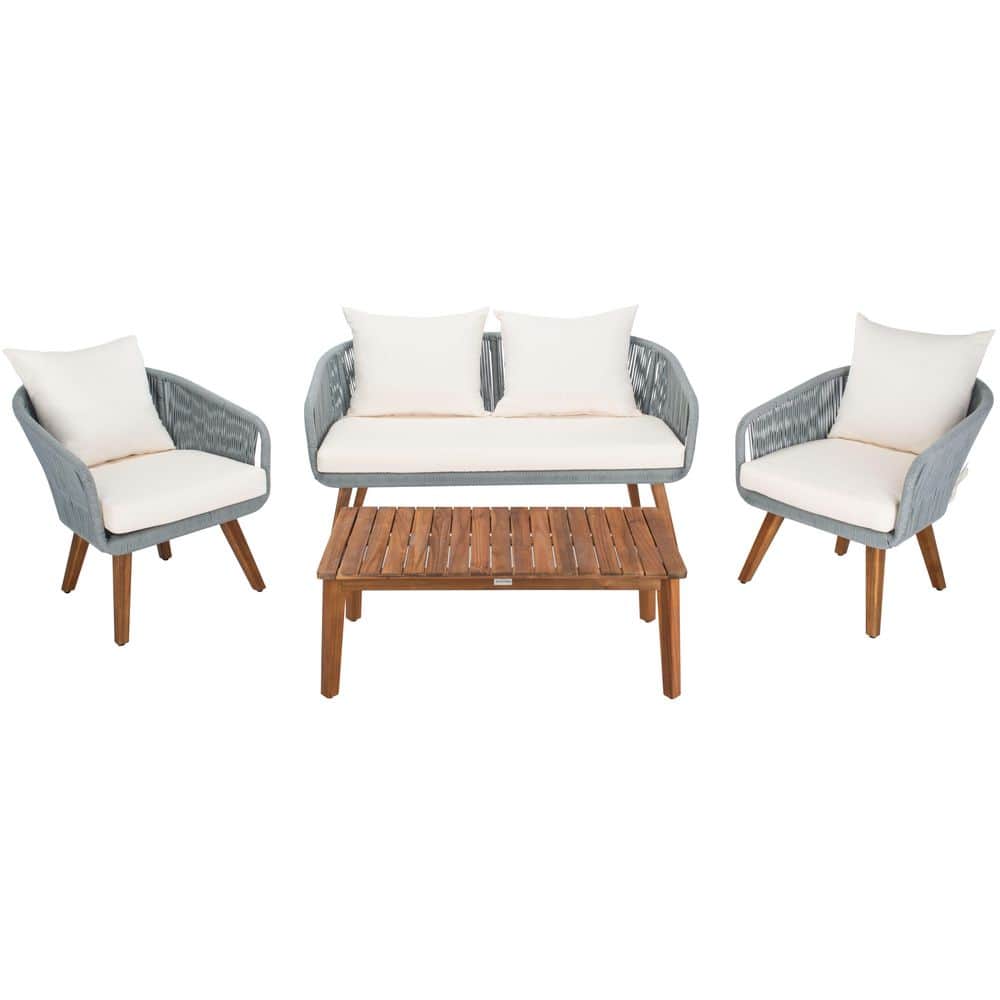 Prester Gray 4-Piece Wood Patio Conversation Set with Beige Cushions