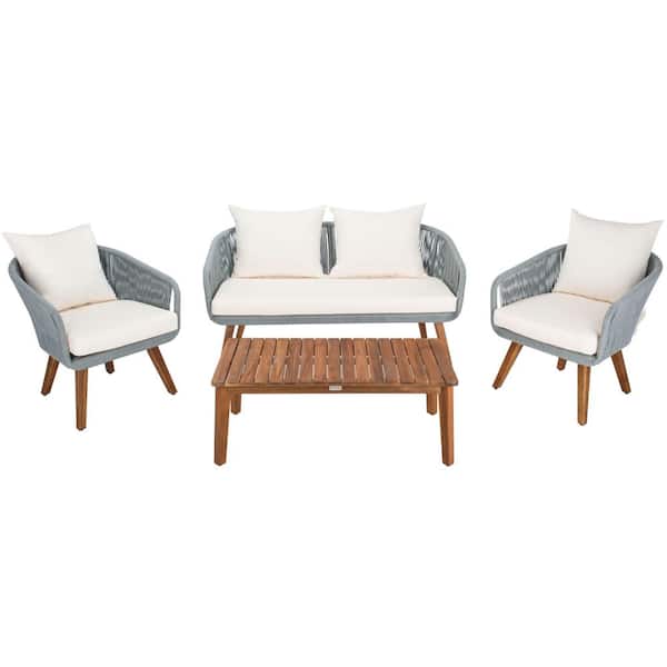 SAFAVIEH Prester Gray 4-Piece Wood Patio Conversation Set with Beige Cushions