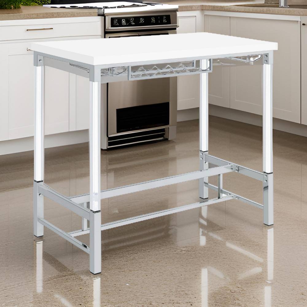 White Acrylic and Metal Bar Height Table with Wine Storage