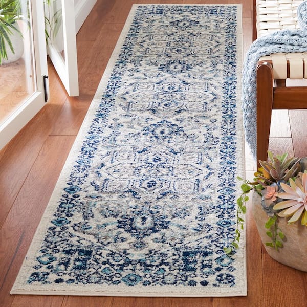 Tulum 2 ft. x 9 ft. Ivory/Blue Medallion Ornate Border Runner Rug