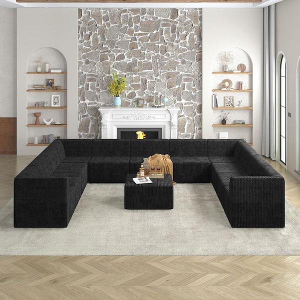 163.4 in. Suqare Arm Corduroy U shape Compressed Sectional Sofa in Black