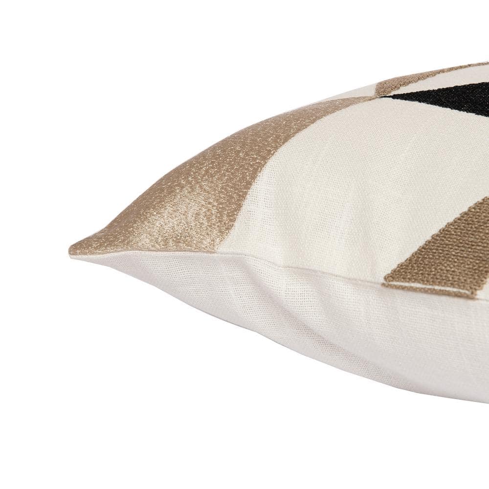 Ivory and Tan Geometric Embroidered Cotton Blend Throw Pillow