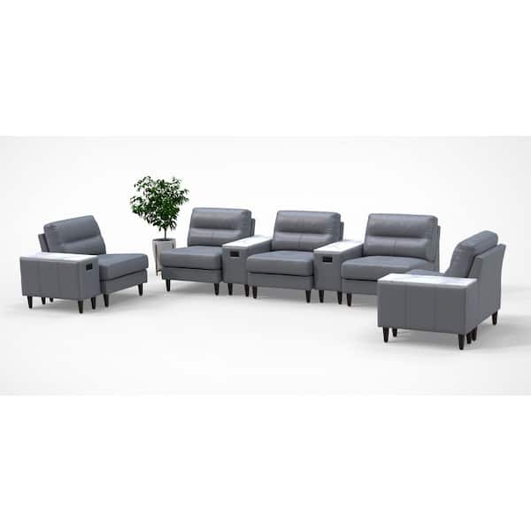 Leather Cushioned High-Back Ergonomic Lobby Armless Chairs in Gray with Integrated Charging Table for 5 persons