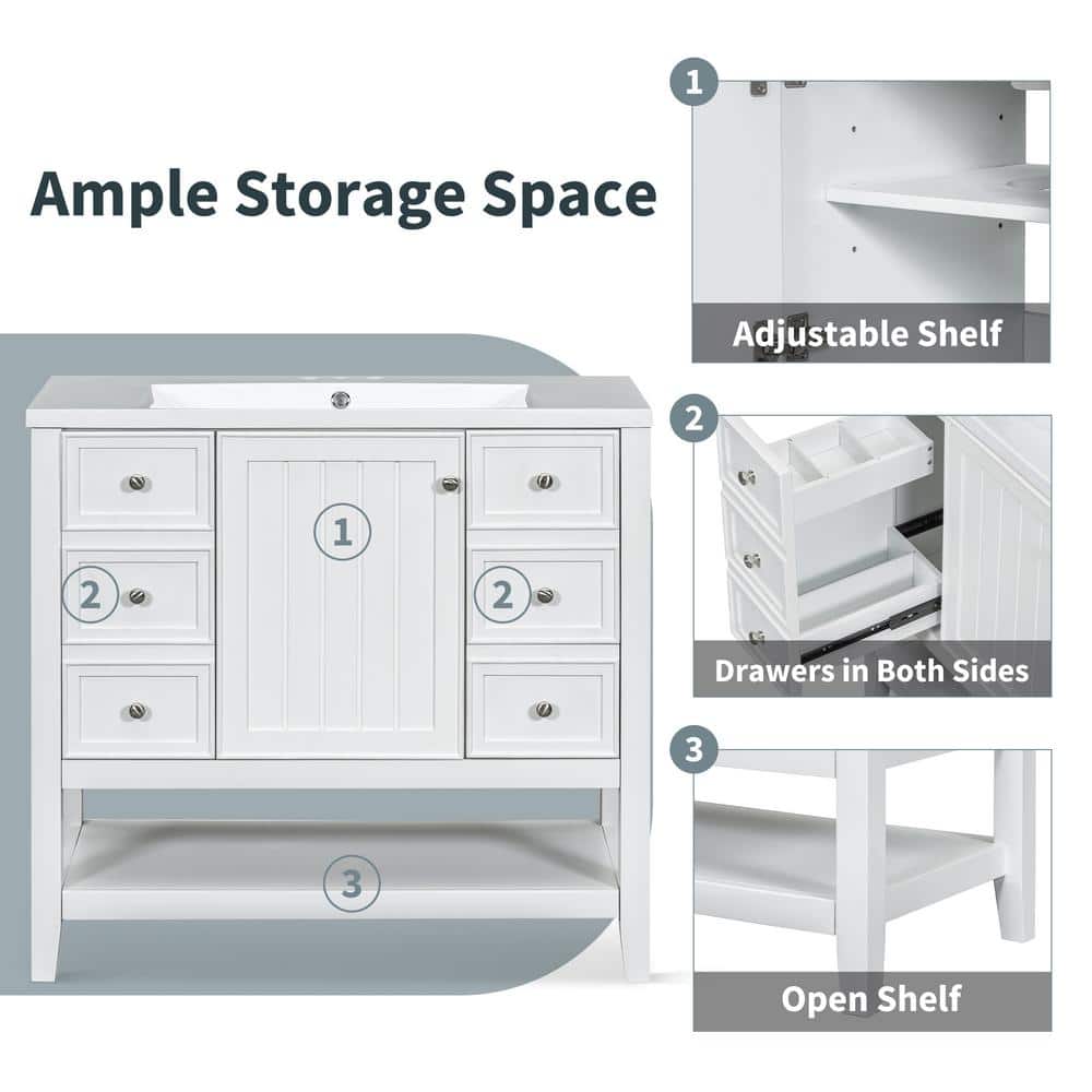 36" White MDF and Ceramic Single Sink Bathroom Vanity with Drawers