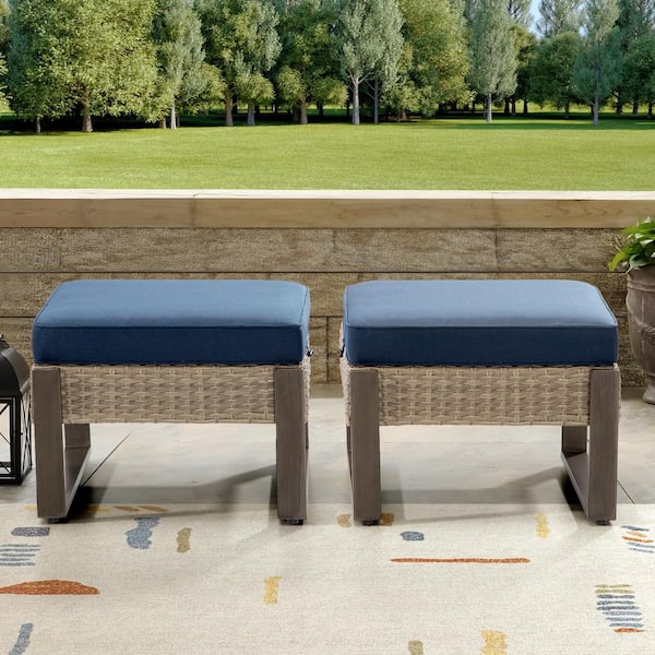Wicker Outdoor Patio Ottoman with Steel Frame and Dark Blue Cushion (Set of 2)