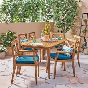 Llando Teak Brown 7-Piece Wood Outdoor Patio Dining Set with Blue Cushions