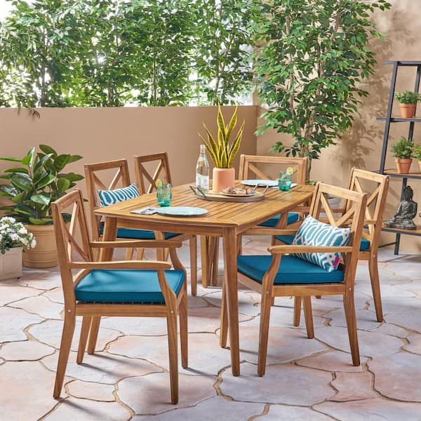 Noble House Llando Teak Brown 7-Piece Wood Outdoor Dining Set with Blue Cushions