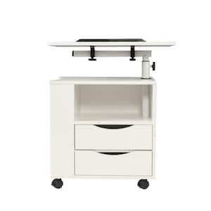 16.69 in. Rectangle White Wood 2-Drawer Laptop Desk with Swivel Top Wheels and Open Shelf