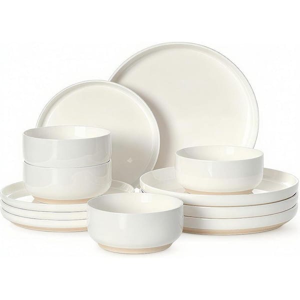 12-Piece Cream White Ceramic Kitchen Plates and Bowls Sets(Service for 4)