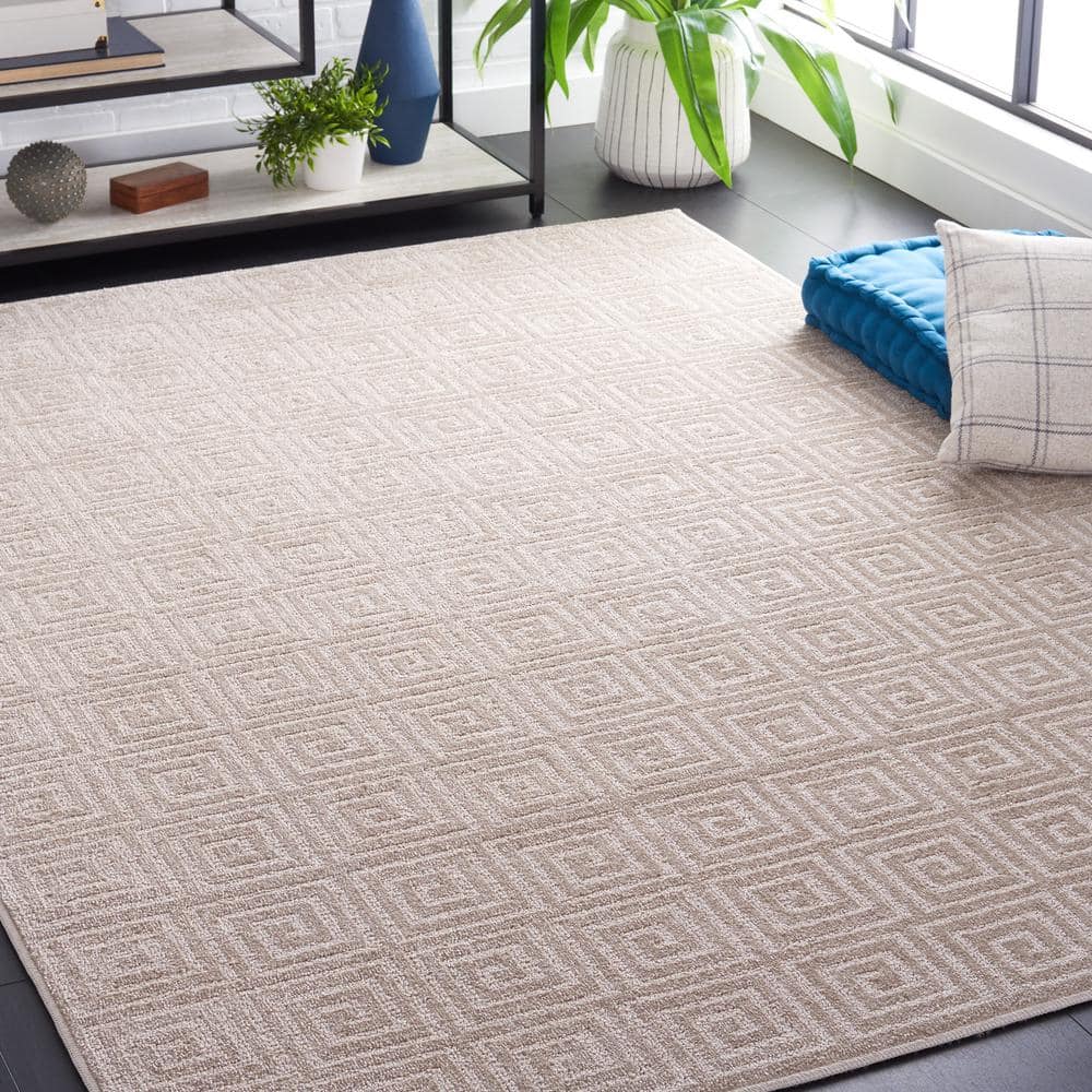 Beige Hand-Knotted Synthetic Rectangular Area Rug