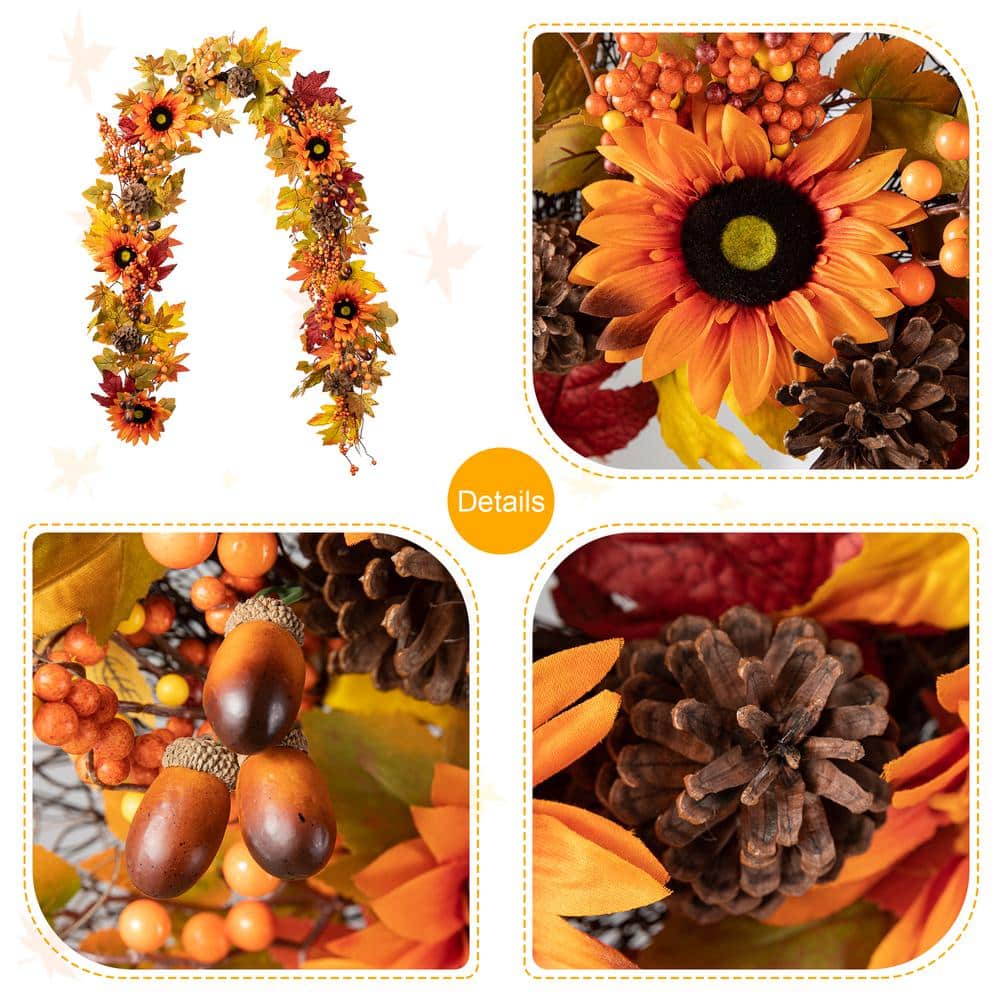 Garland Fall Sunflower Maple Leaf and Berry Unlit Holiday Autumn Decoration 6 Ft