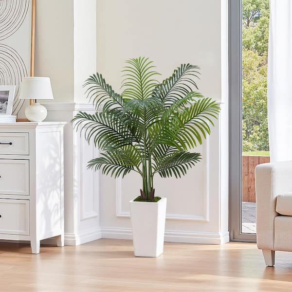 5 ft. Artificial Areca Palm Tree, Fake Palm Tropical Plant with White Tall Planter, Faux Silk for Home, Indoor/Outdoor