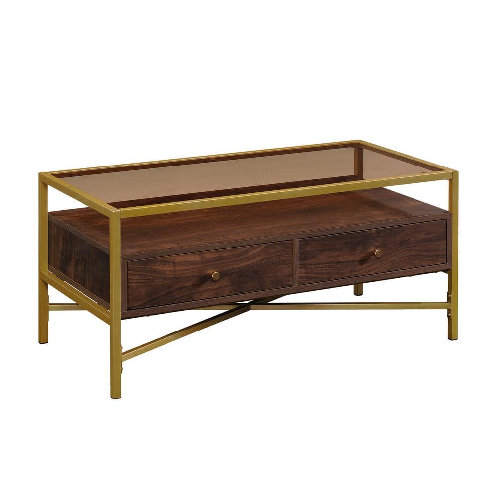 Harper 40 in. Rich Walnut Medium Rectangle Glass Coffee Table with 2-Drawer