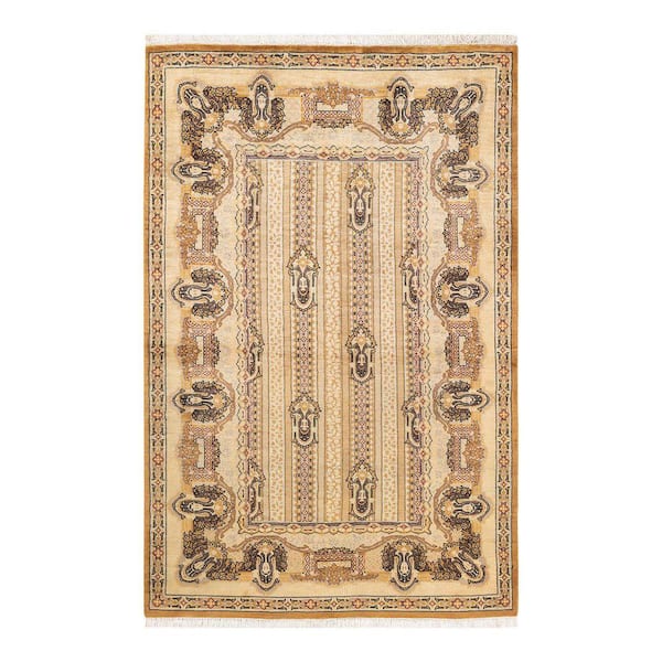 Eclectic  5 ft. x 8 ft. Yellow Oriental Wool Indoor Area Rug