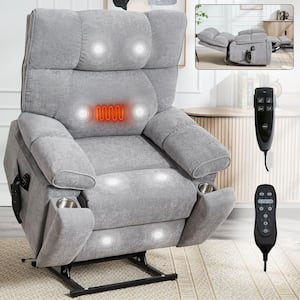 Grey Oversized Dual Motor Chenille Power Lift Recliner with Heat and Massage, 2-Pocket Cup Holders