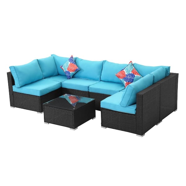Mondawe 7-Piece Black PE Rattan Wicker Outdoor Sectional Sofa Set with Blue Cushion and Tempered Glass Coffee Table