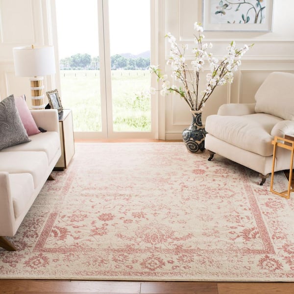 Adirondack Ivory/Rose 12 ft. x 12 ft. Border Distressed Square Area Rug
